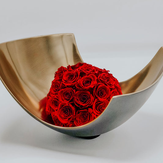 ASYMMETRIC CURVY GOLD/BLACK MEDIUM VASE WITH LARGE RED PRESERVED FLOWERS SPHERE LUNA COLLECTION