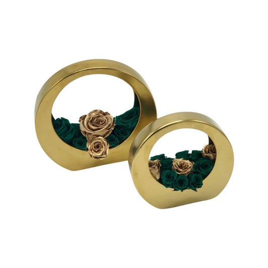 DOUBLE BLISS GOLDEN CIRCULAR VASES WITH PRESERVED ROSES - GREEN