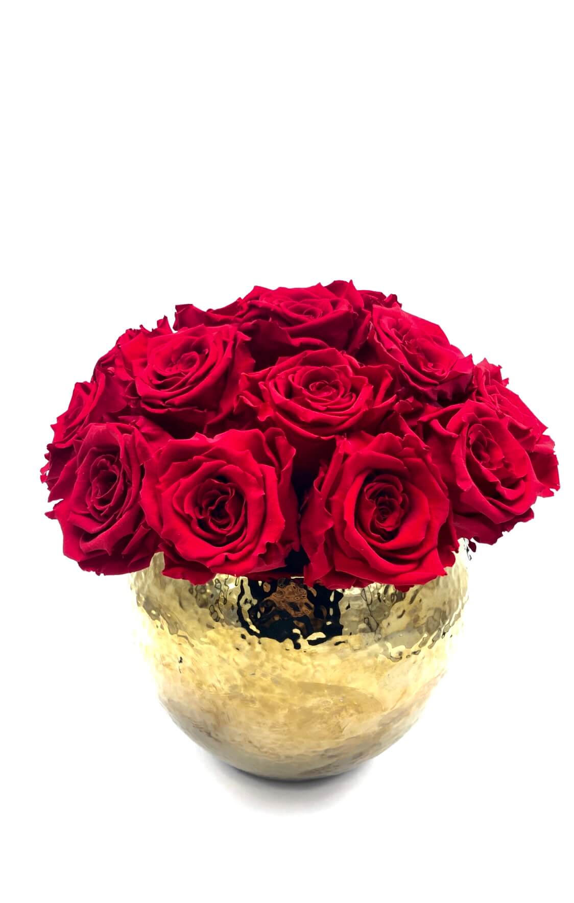 ETERNAL BLISS ANTIQUE TEXTURIZED GOLD VASE WITH PRESERVED RED ROSES - DOME SHAPE