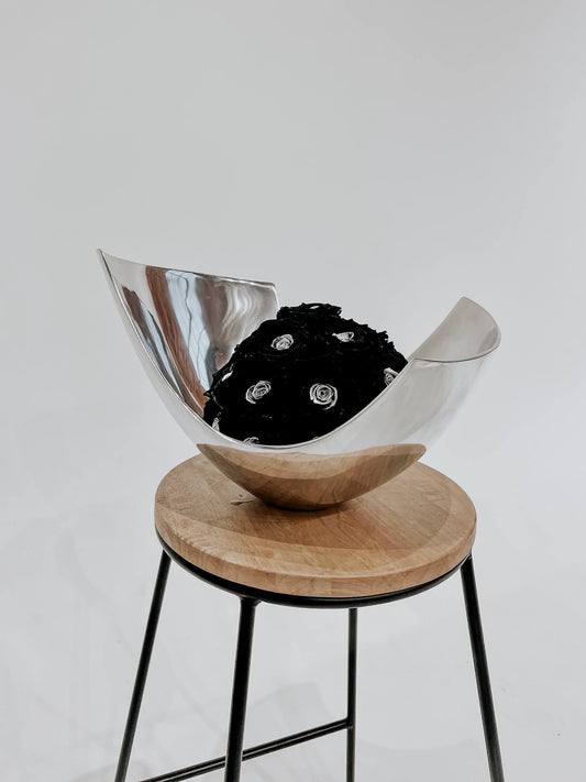 ASYMMETRIC CURVY SILVER LARGE VASE WITH LARGE BLACK PRESERVED FLOWERS - LUNA COLLECTION