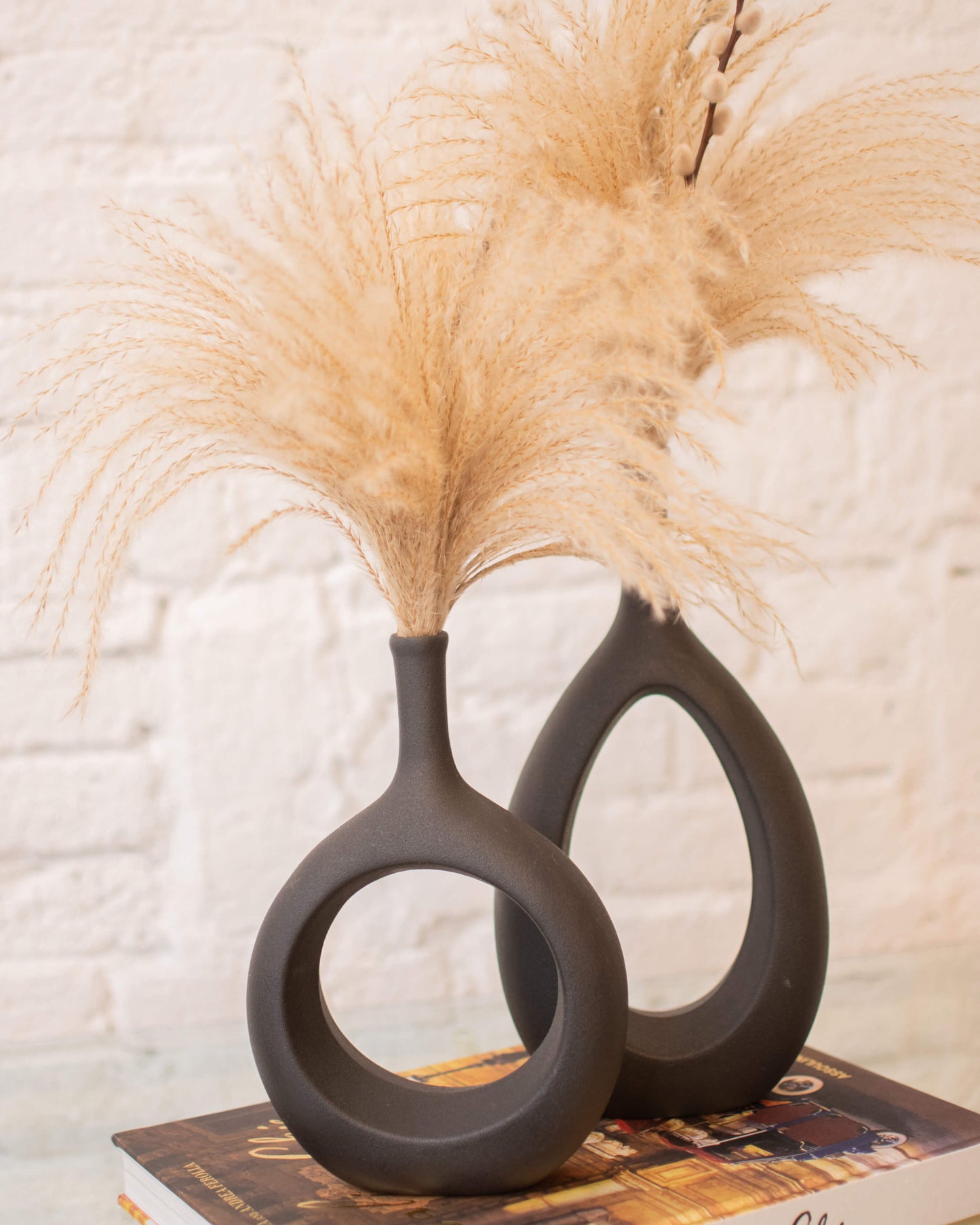BOHEMIAN DRIED PAMPAS IN BLACK DOUBLE VASE