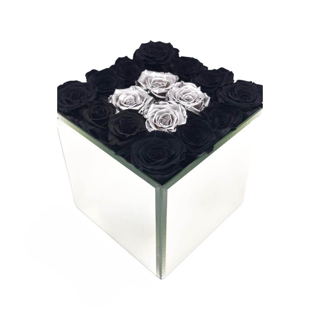MIRROR SQUARE VASE WITH PRESERVED ROSES