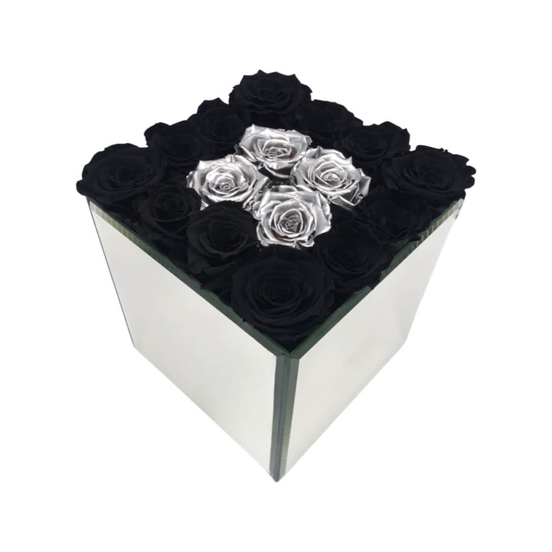 MIRROR SQUARE VASE WITH PRESERVED ROSES