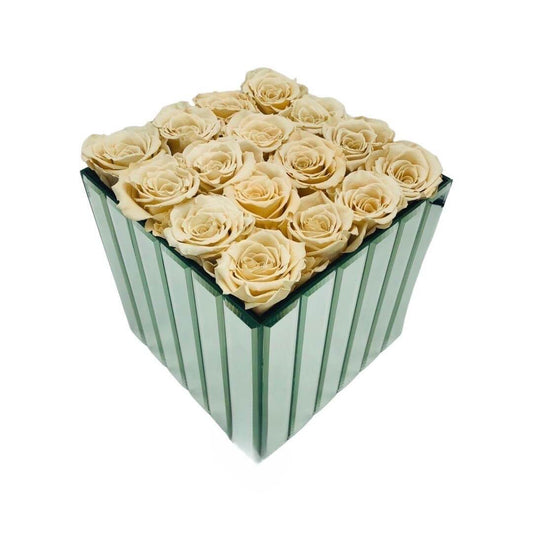 MIRROR STRIP SQUARE VASE WITH PRESERVED CHAMPAGNE ROSES